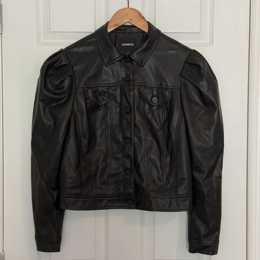 Express Black Faux Leather Puff Sleeve Jacket Small
